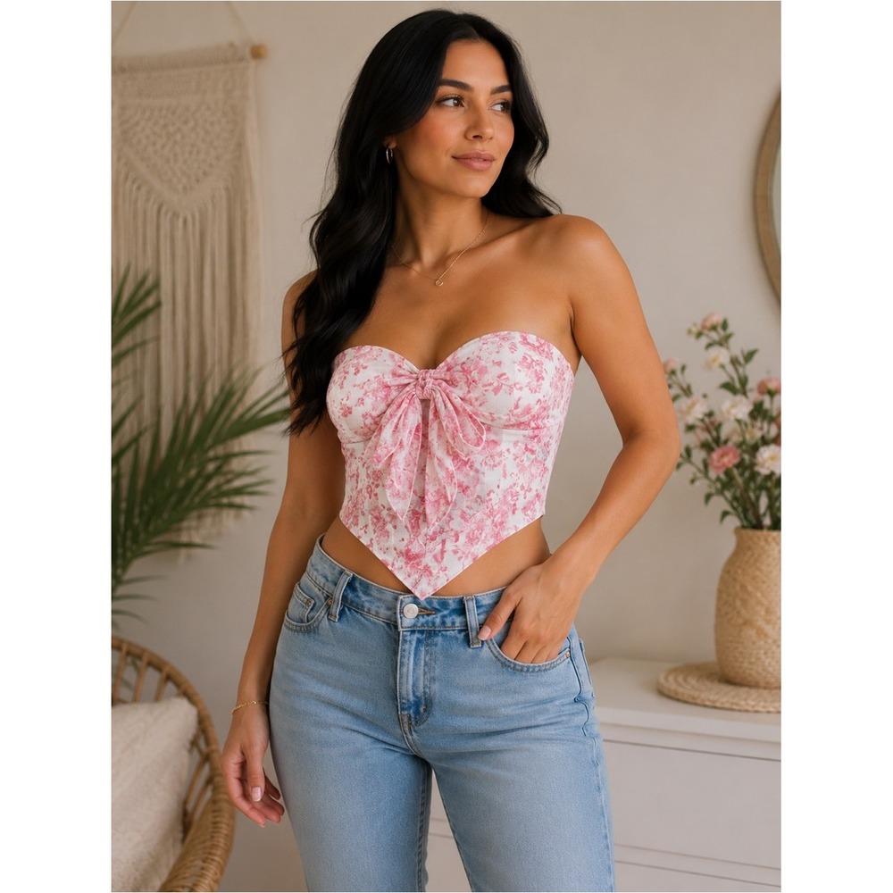 Floral Pink Strapless Top Size L